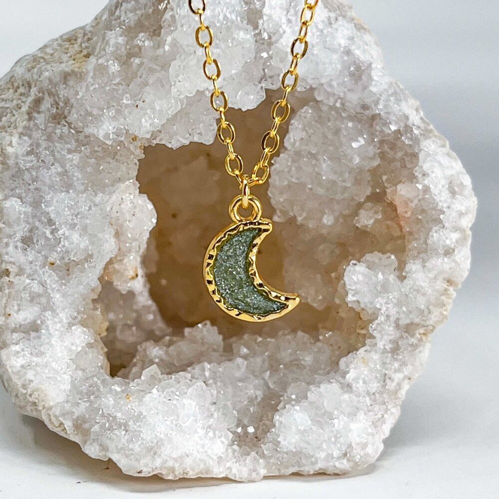 3/$20 14k Gold Olive Green Glitter Resin Moon Charm Handmade Pendant Necklace